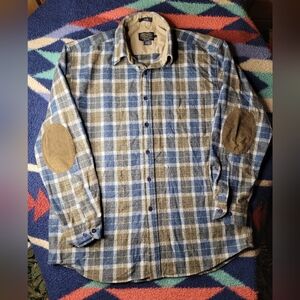 Pendleton Trail Flannel Shirt Mens Large Wool Button Up Blue Brown Plaid LS Read